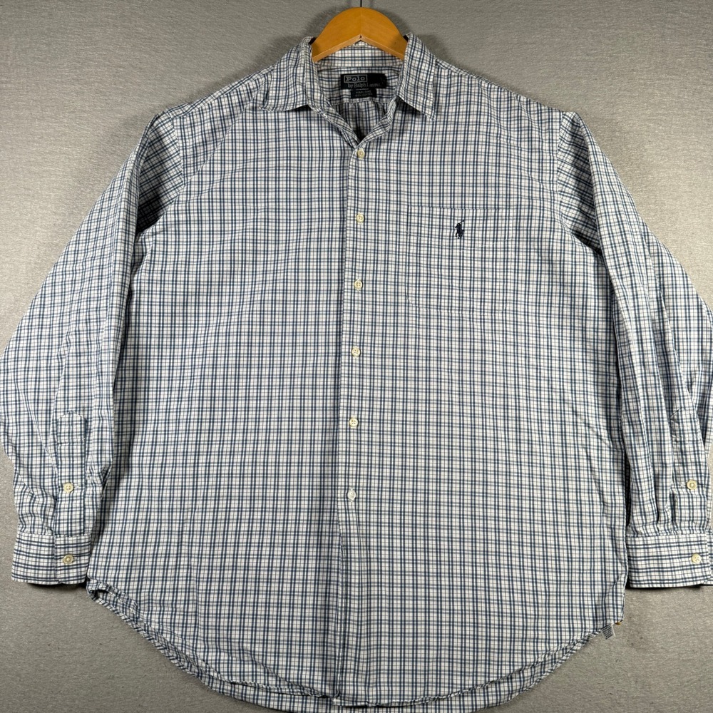 Polo Ralph Lauren Marlowe Mens Large Blue White Plaid Cotton Button Down Shirt